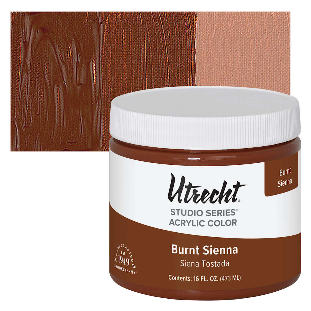 Open in modal - Utrecht Studio Series Acrylic Paint - Burnt Sienna, Pint and swatch