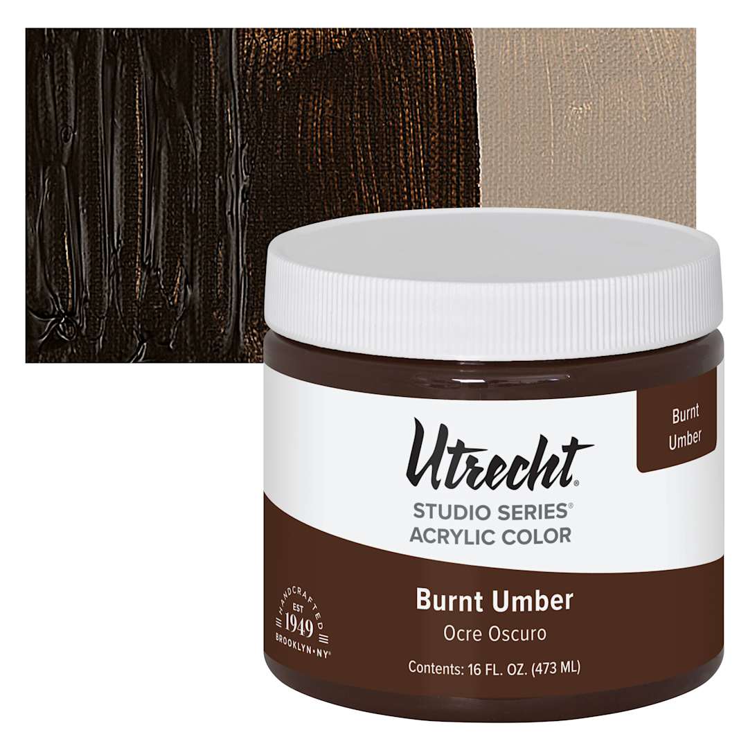 Open in modal - Utrecht Studio Series Acrylic Paint - Burnt Umber, Pint and swatch