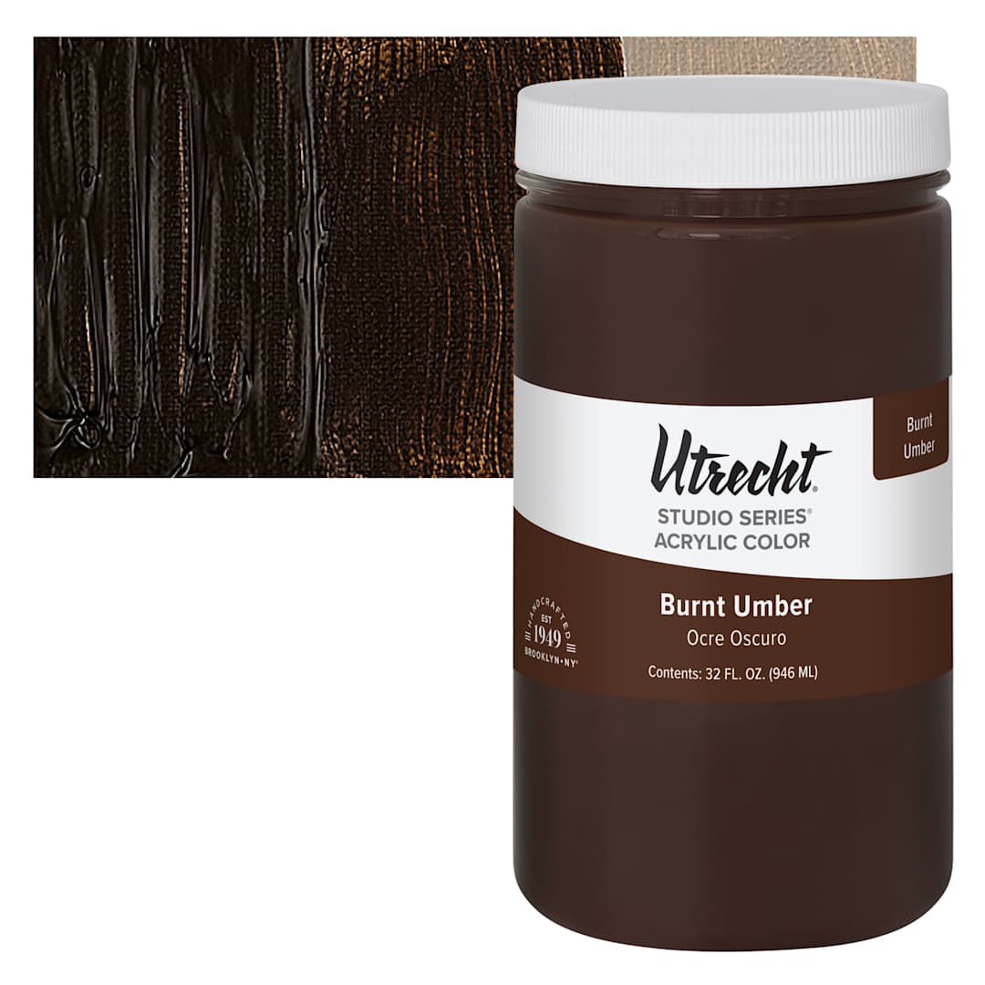 Open in modal - Utrecht Studio Series Acrylic Paint - Burnt Umber, Quart and swatch