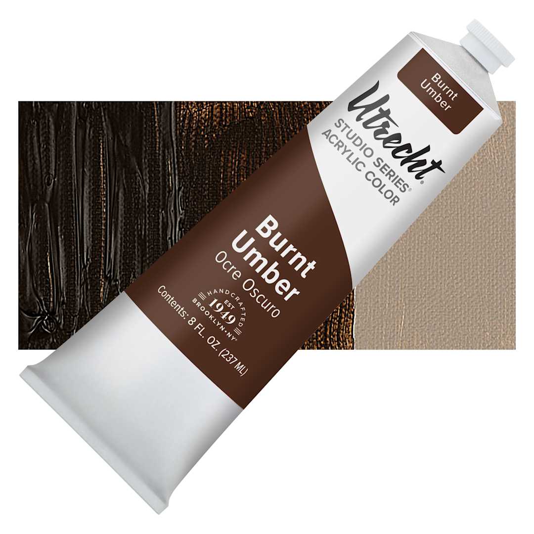 Open in modal - Utrecht Studio Series Acrylic Paint - Burnt Umber, 237 ml tube and swatch