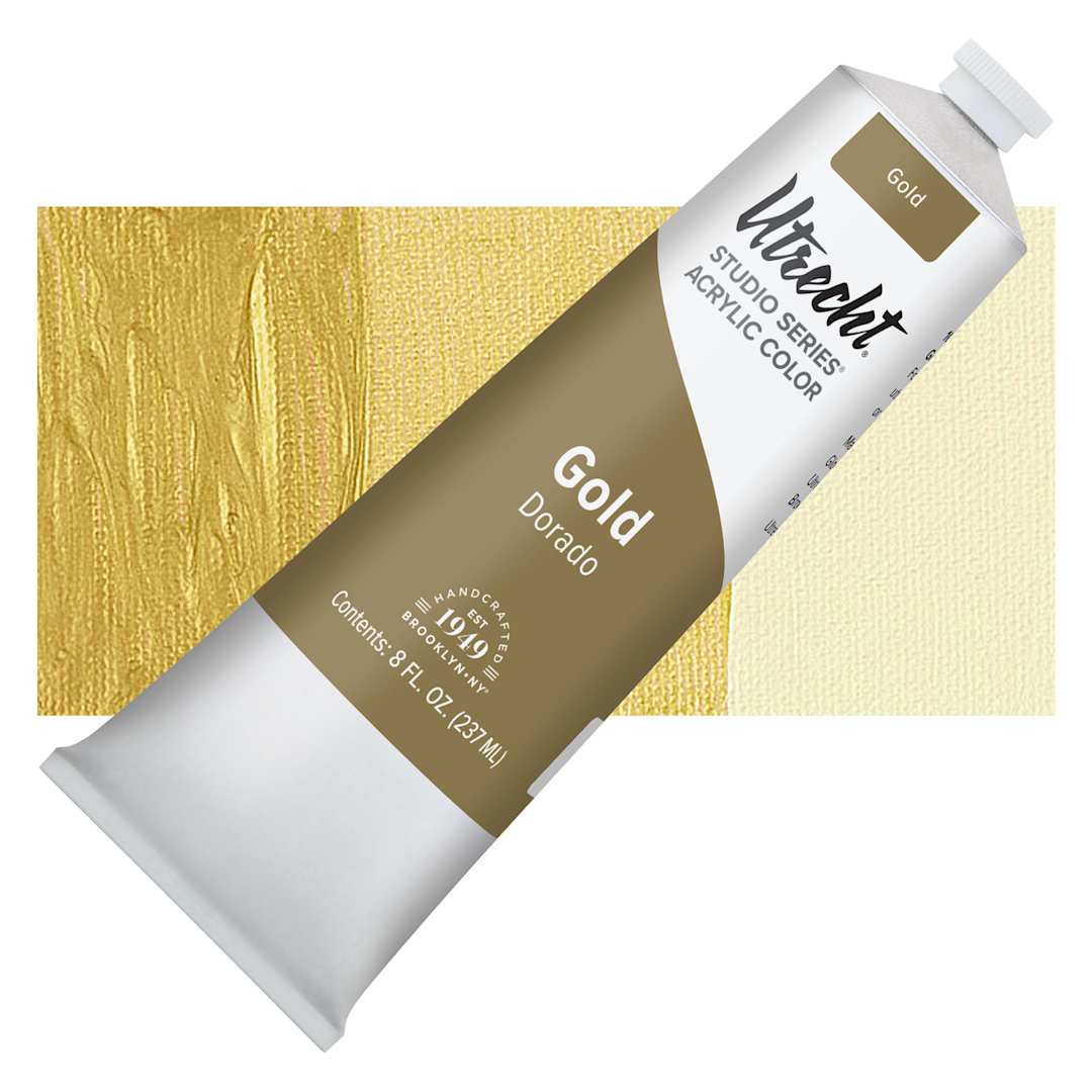 Open in modal - Utrecht Studio Series Acrylic Paint - Gold, 237 ml tube and swatch