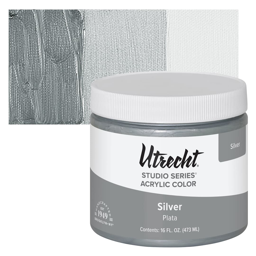Open in modal - Utrecht Studio Series Acrylic Paint - Silver, Pint and swatch