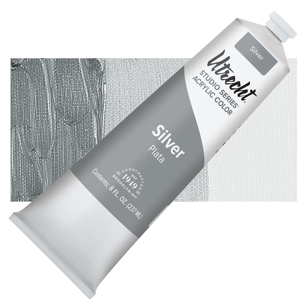 Open in modal - Utrecht Studio Series Acrylic Paint - Silver, 237 ml tube and swatch