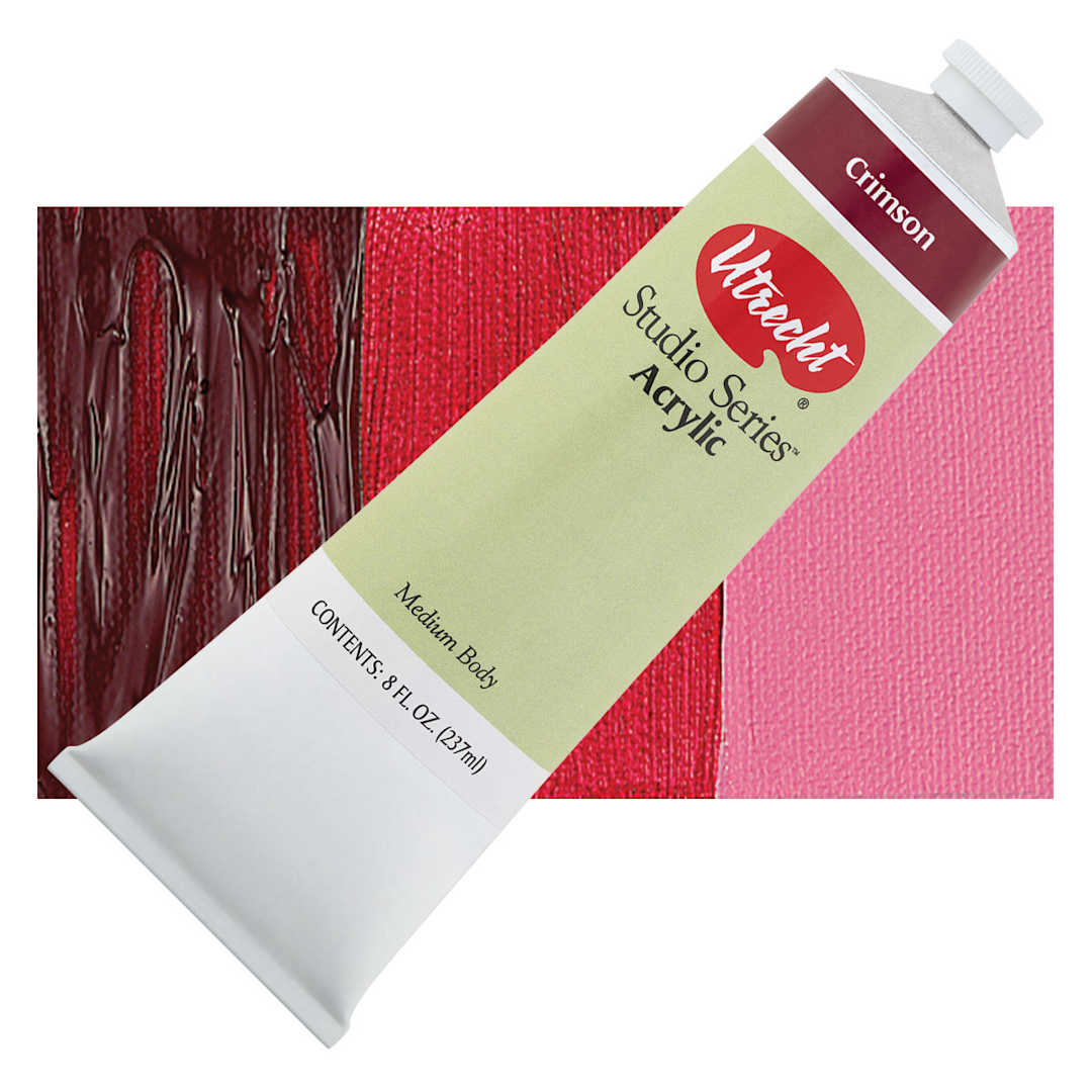 Open in modal - Utrecht Studio Series Acrylic Paint - Crimson, 237 ml tube and swatch