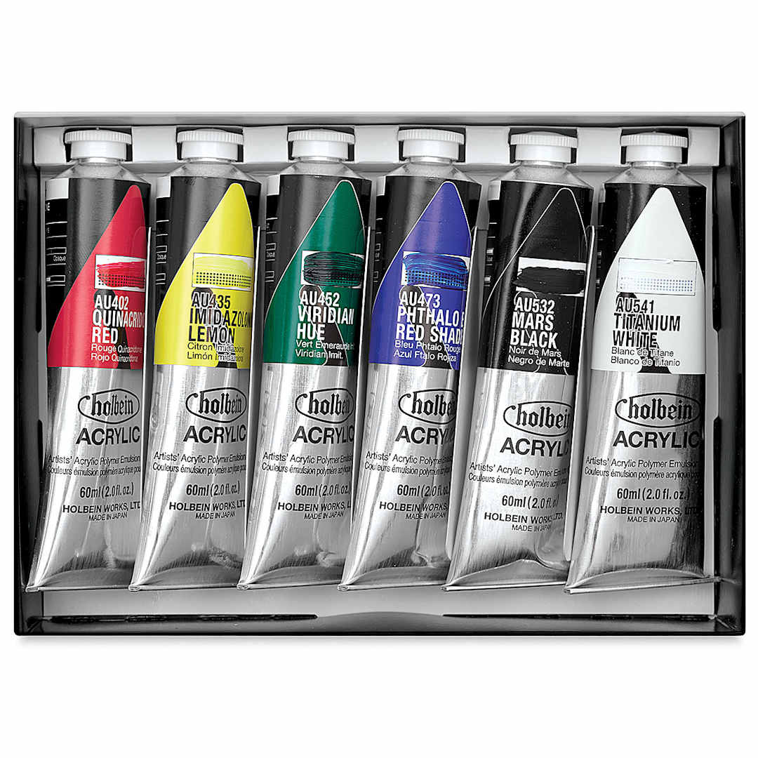 Open in modal - Holbein Heavy Body Acrylics - Basic Set of 6, 60 ml, Tubes (Inside of Package)