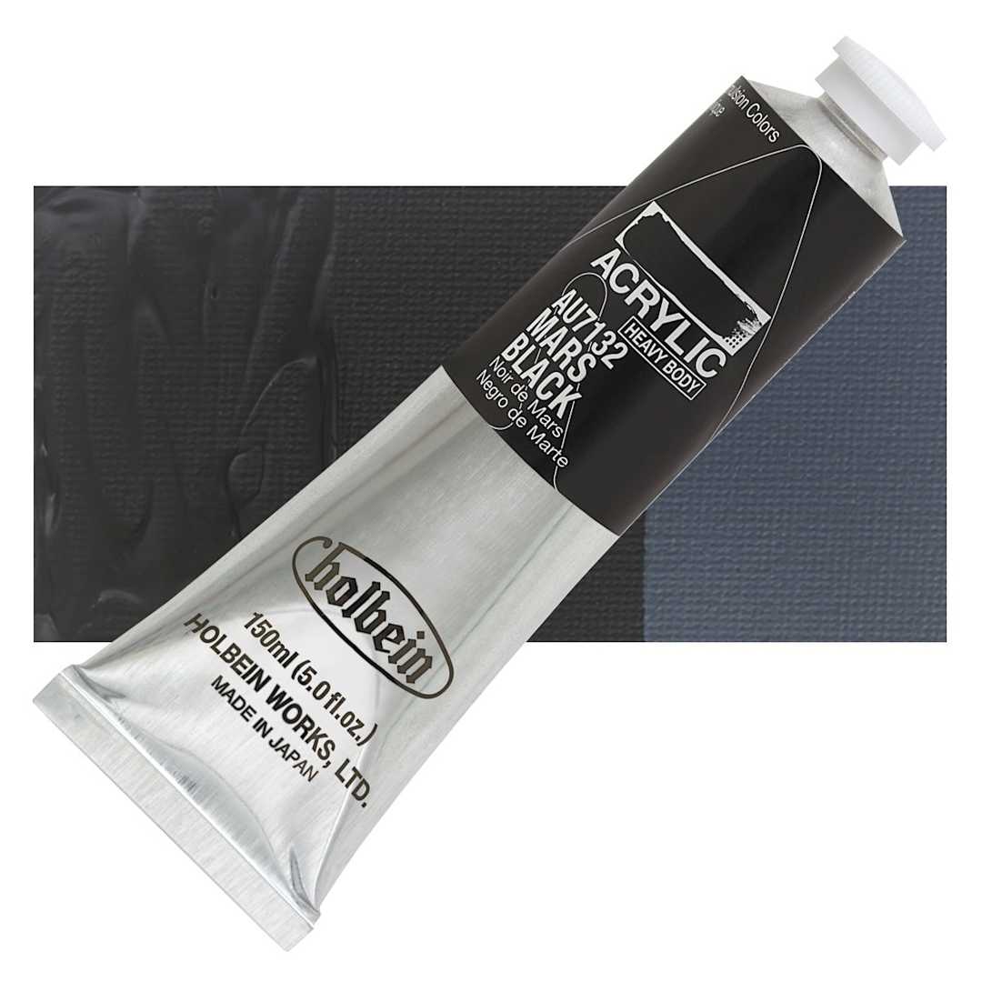 Open in modal - Holbein Heavy Body Artist Acrylic Paint - Mars Black, 150 ml tube and swatch