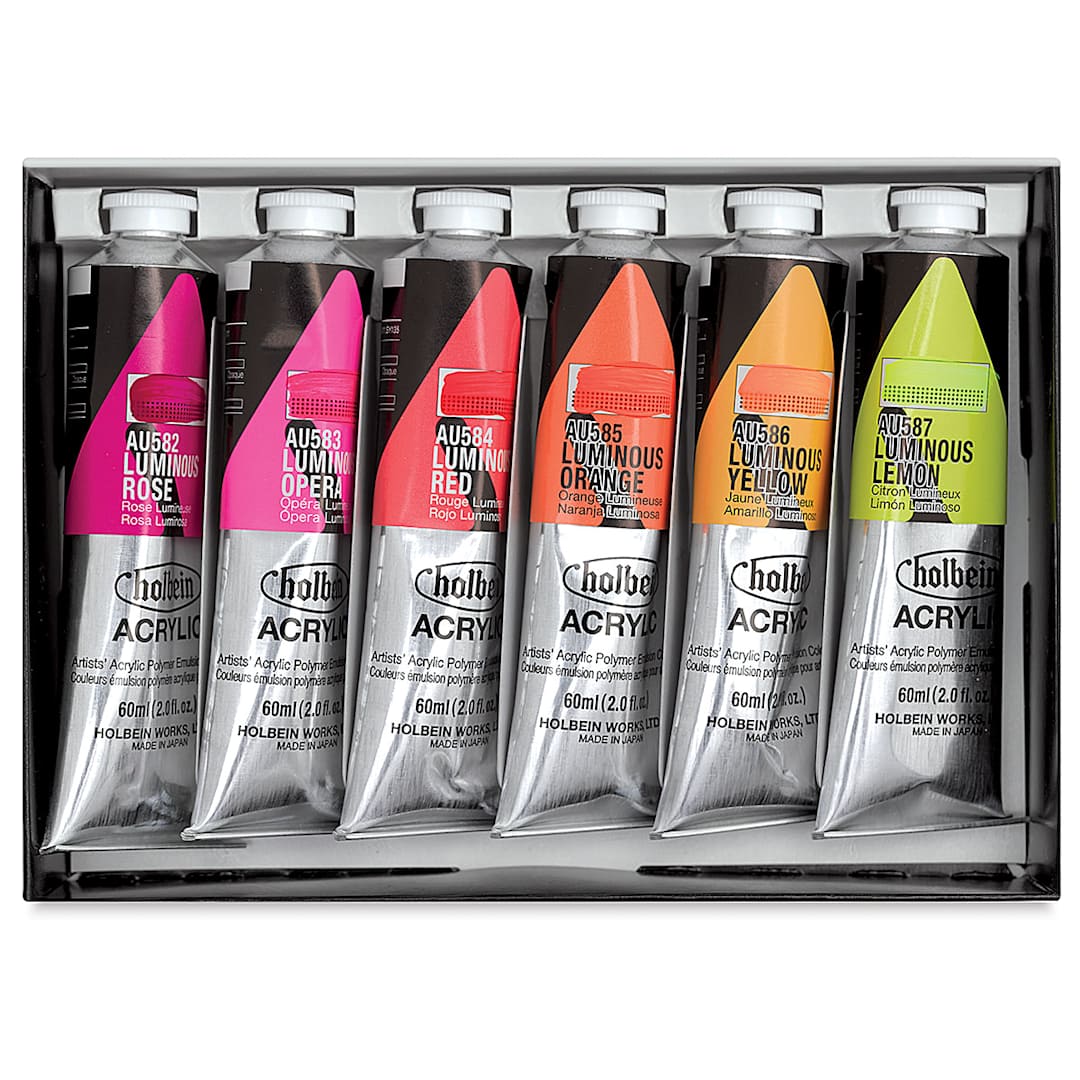 Open in modal - Holbein Heavy Body Acrylics - Luminous Set of 6, 60 ml, Tubes (Inside of Package)