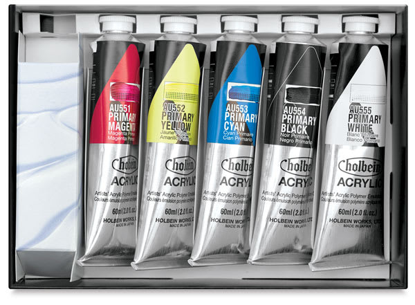 Open in modal - Holbein Heavy Body Acrylics - Primary Set of 5, 60 ml, Tubes (Inside Package)
