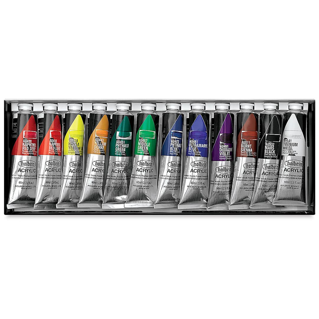 Open in modal - Holbein Heavy Body Acrylics - Standard Set of 12, 60 ml, Tubes (Inside of Package)