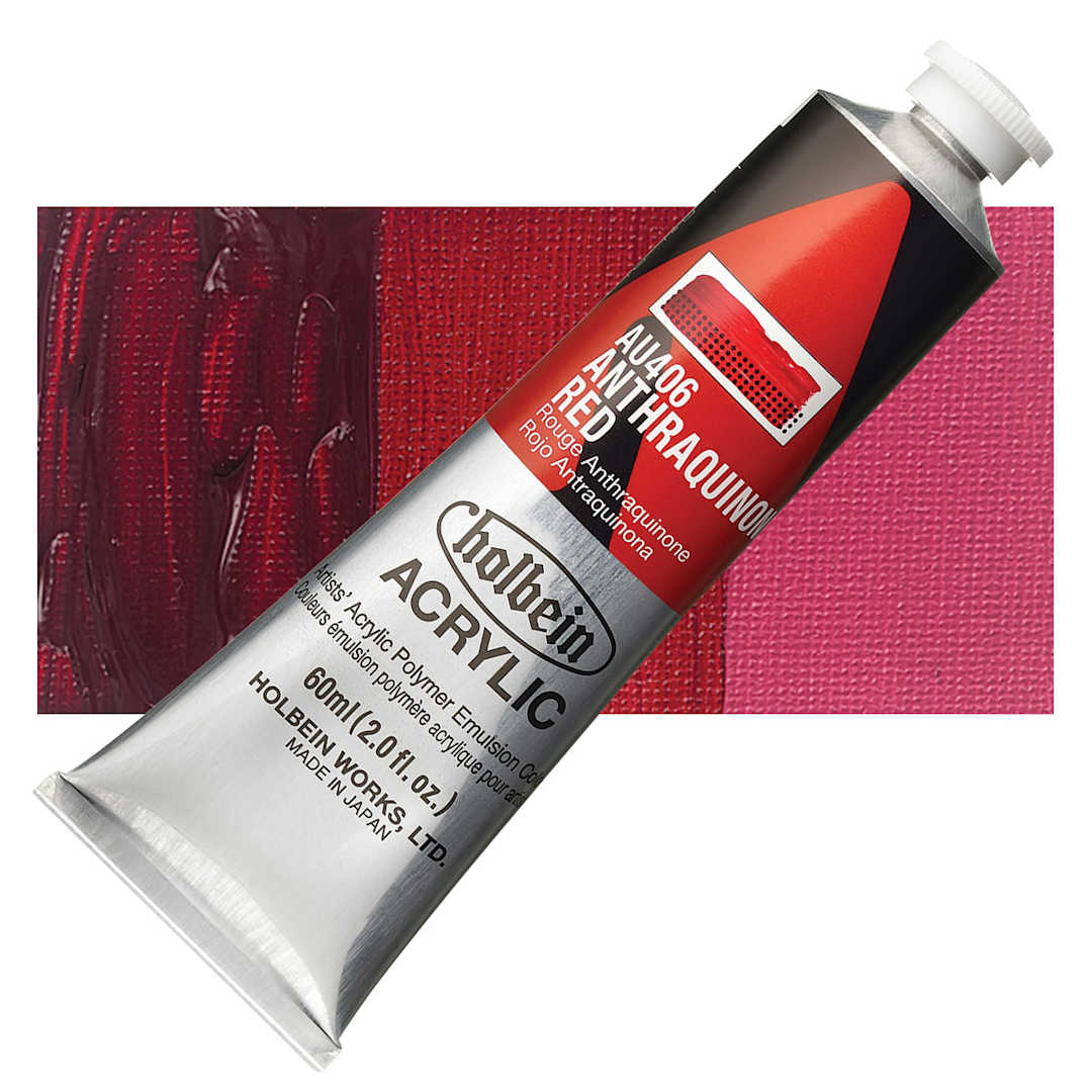 Open in modal - Holbein Heavy Body Artist Acrylic Paint - Anthraquinone Red, 60 ml tube and swatch