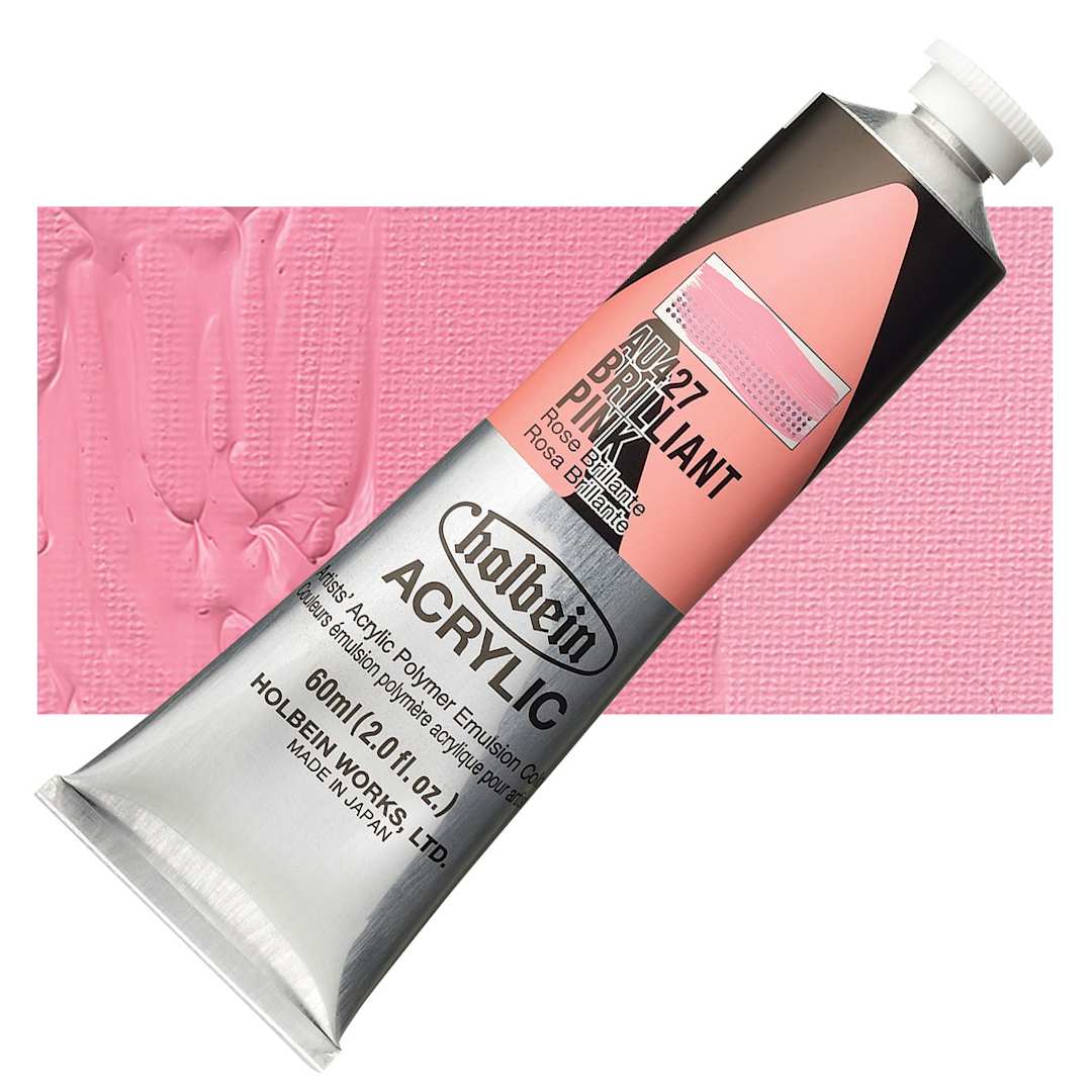 Open in modal - Holbein Heavy Body Artist Acrylic Paint - Brilliant Pink, 60 ml tube and swatch