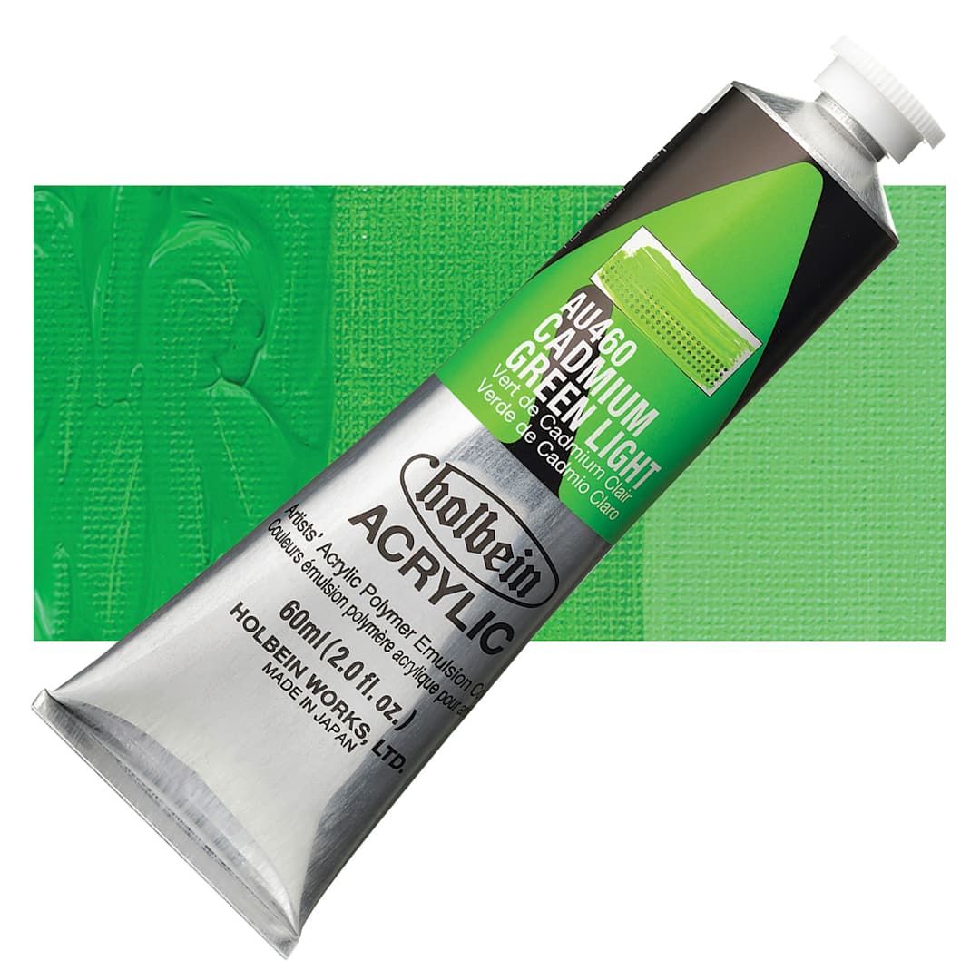 Open in modal - Holbein Heavy Body Artist Acrylic Paint - Cadmium Green Light, 60 ml tube and swatch
