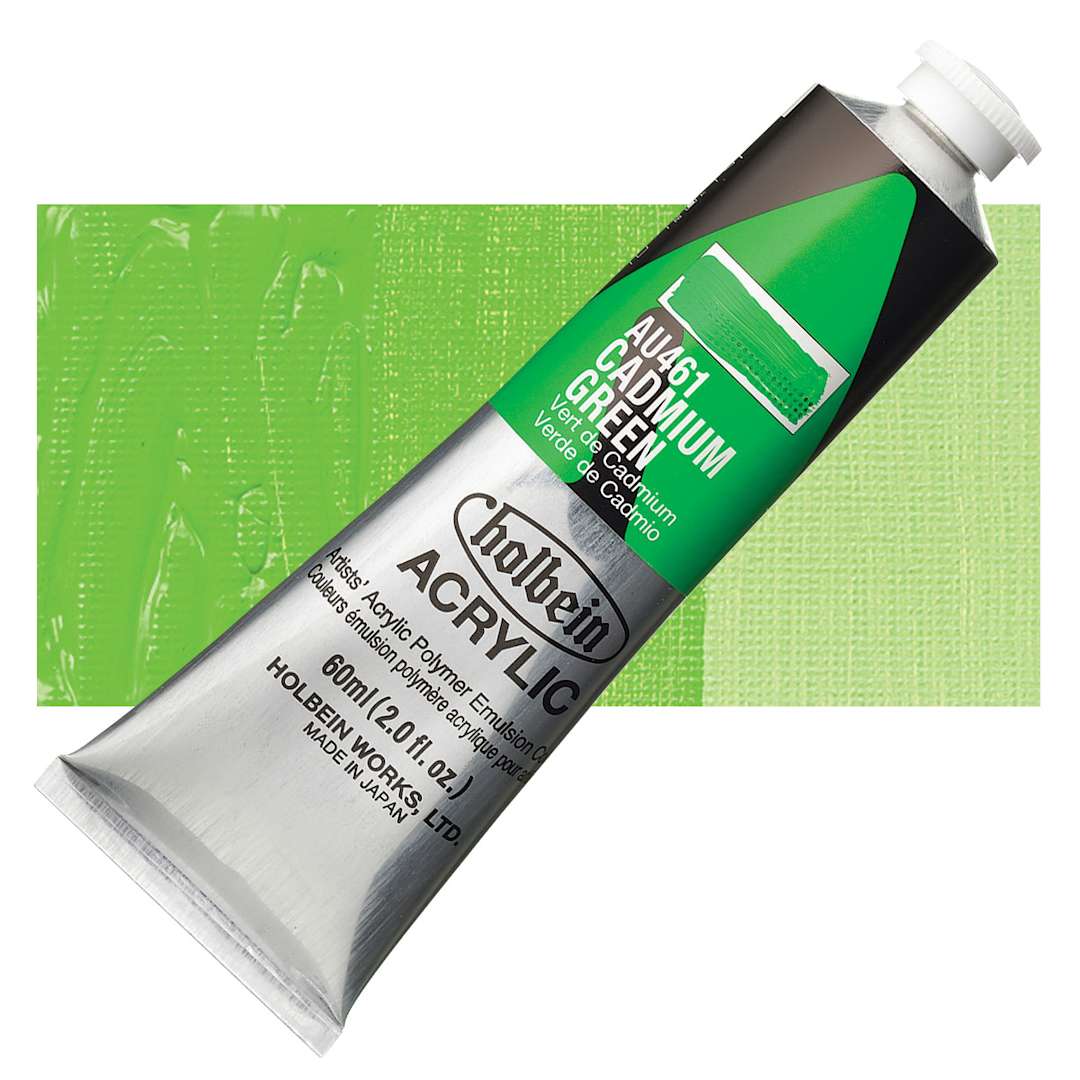 Open in modal - Holbein Heavy Body Artist Acrylic Paint - Cadmium Green, 60 ml tube and swatch