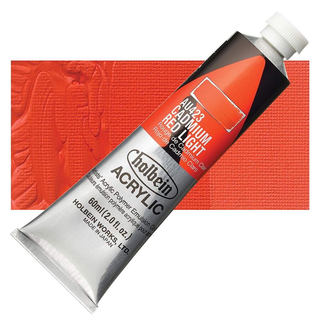 Open in modal - Holbein Heavy Body Artist Acrylic Paint - Cadmium Red Light, 60 ml tube and swatch
