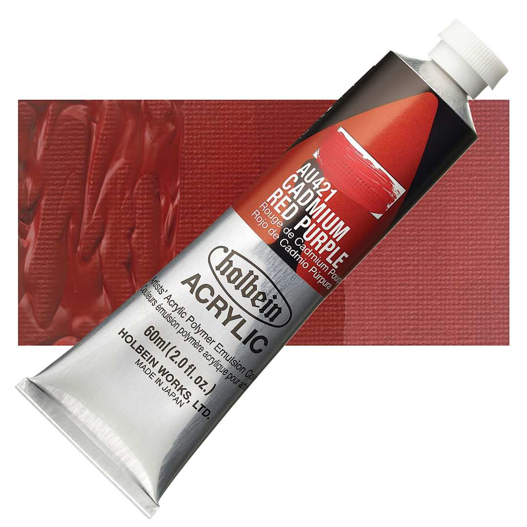 Open in modal - Holbein Heavy Body Artist Acrylic Paint - Cadmium Red Purple, 60 ml tube and swatch