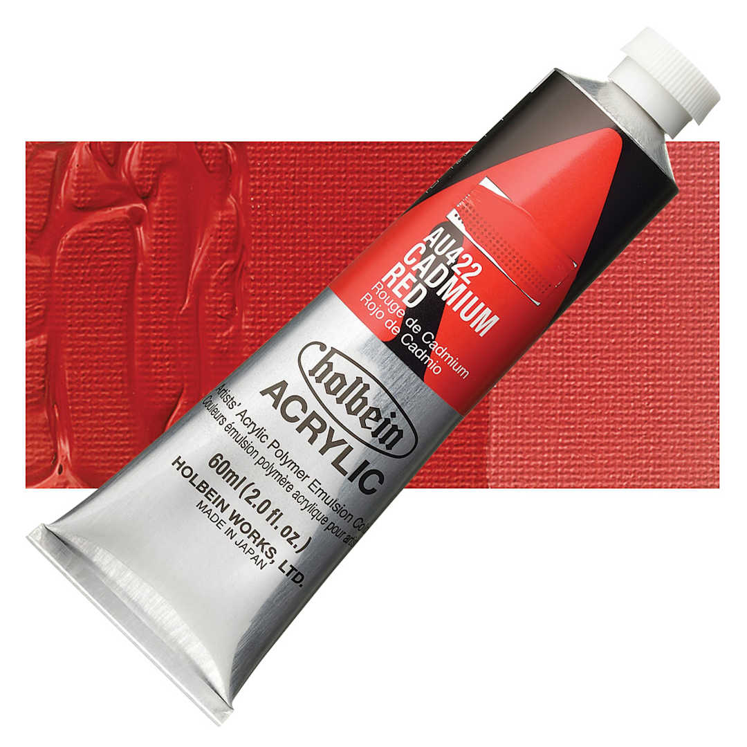 Open in modal - Holbein Heavy Body Artist Acrylic Paint - Cadmium Red, 60 ml tube and swatch