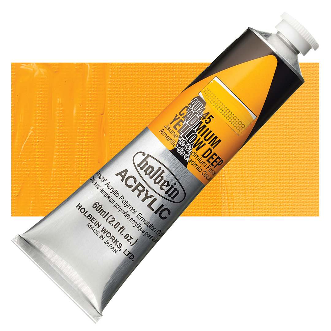 Open in modal - Holbein Heavy Body Artist Acrylic Paint - Cadmium Yellow Deep, 60 ml tube and swatch