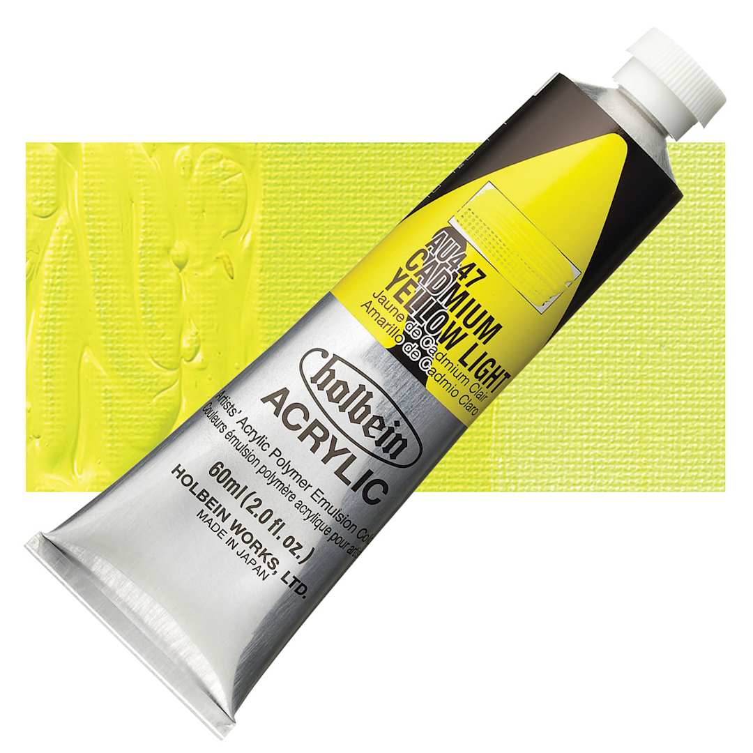 Open in modal - Holbein Heavy Body Artist Acrylic Paint - Cadmium Yellow Light, 60 ml tube and swatch