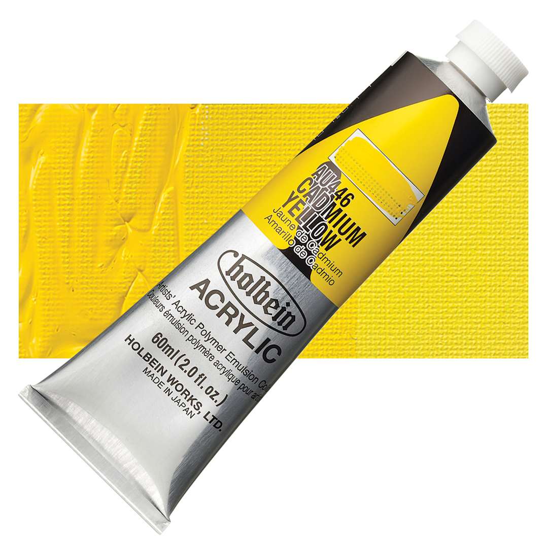 Open in modal - Holbein Heavy Body Artist Acrylic Paint - Cadmium Yellow, 60 ml tube and swatch