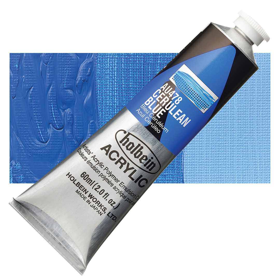 Open in modal - Holbein Heavy Body Artist Acrylic Paint - Cerulean Blue, 60 ml tube and swatch