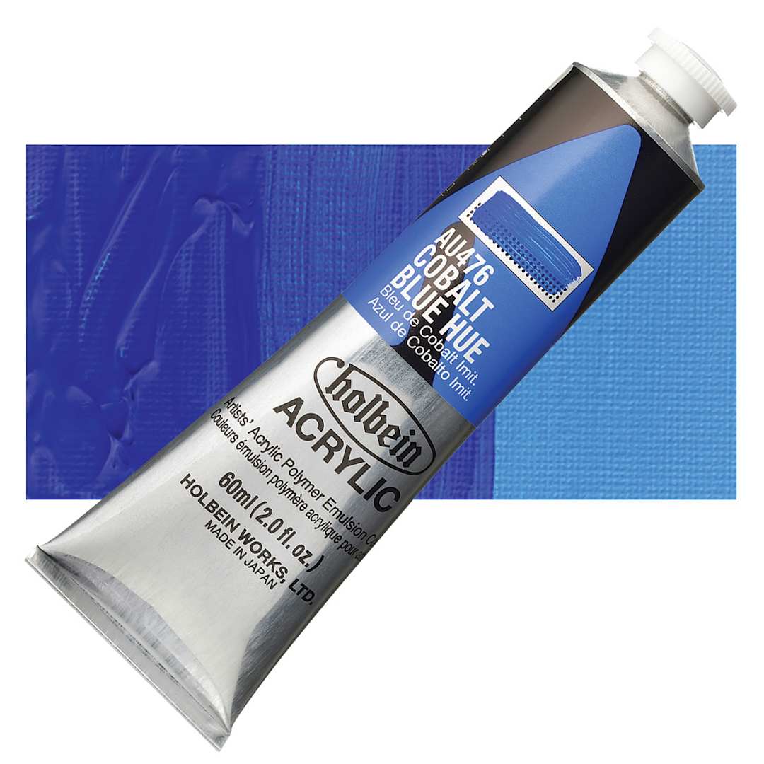 Open in modal - Holbein Heavy Body Artist Acrylic Paint - Cobalt Blue Hue, 60 ml tube and swatch