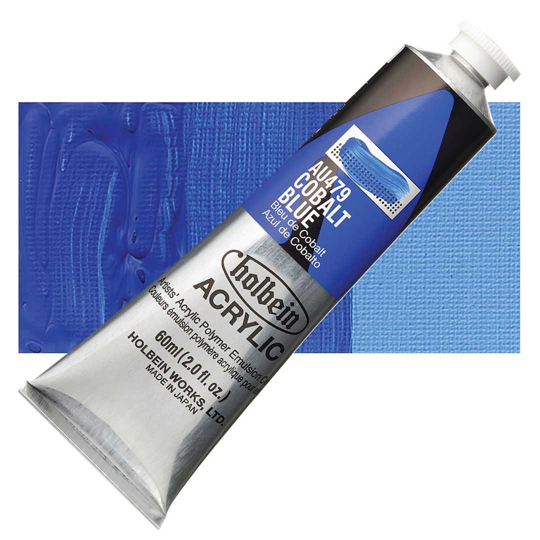 Open in modal - Holbein Heavy Body Artist Acrylic Paint - Cobalt Blue, 60 ml tube and swatch