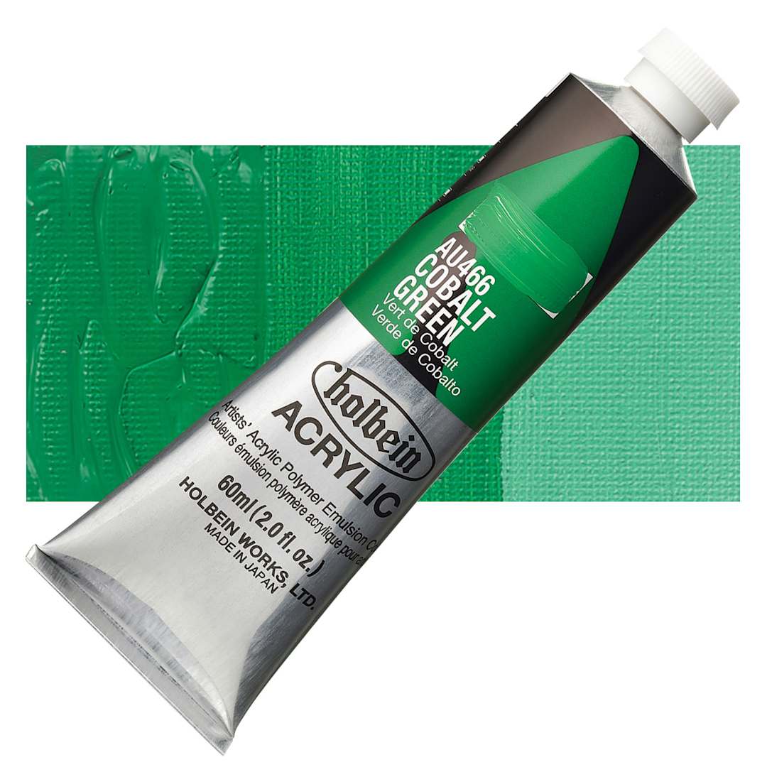 Open in modal - Holbein Heavy Body Artist Acrylic Paint - Cobalt Green, 60 ml tube and swatch