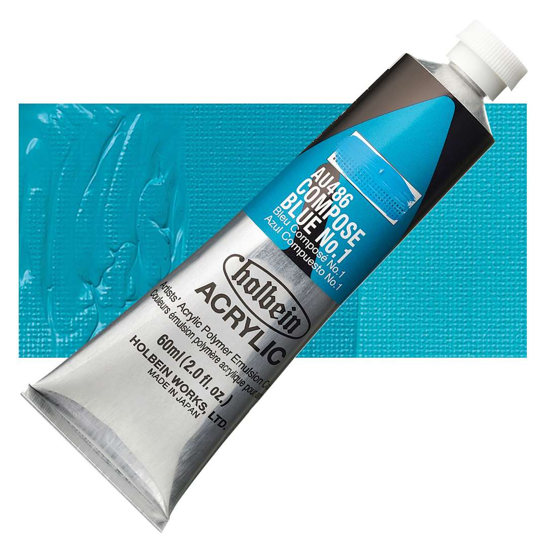 Open in modal - Holbein Heavy Body Artist Acrylic Paint - Compose Blue 1 , 60 ml tube and swatch