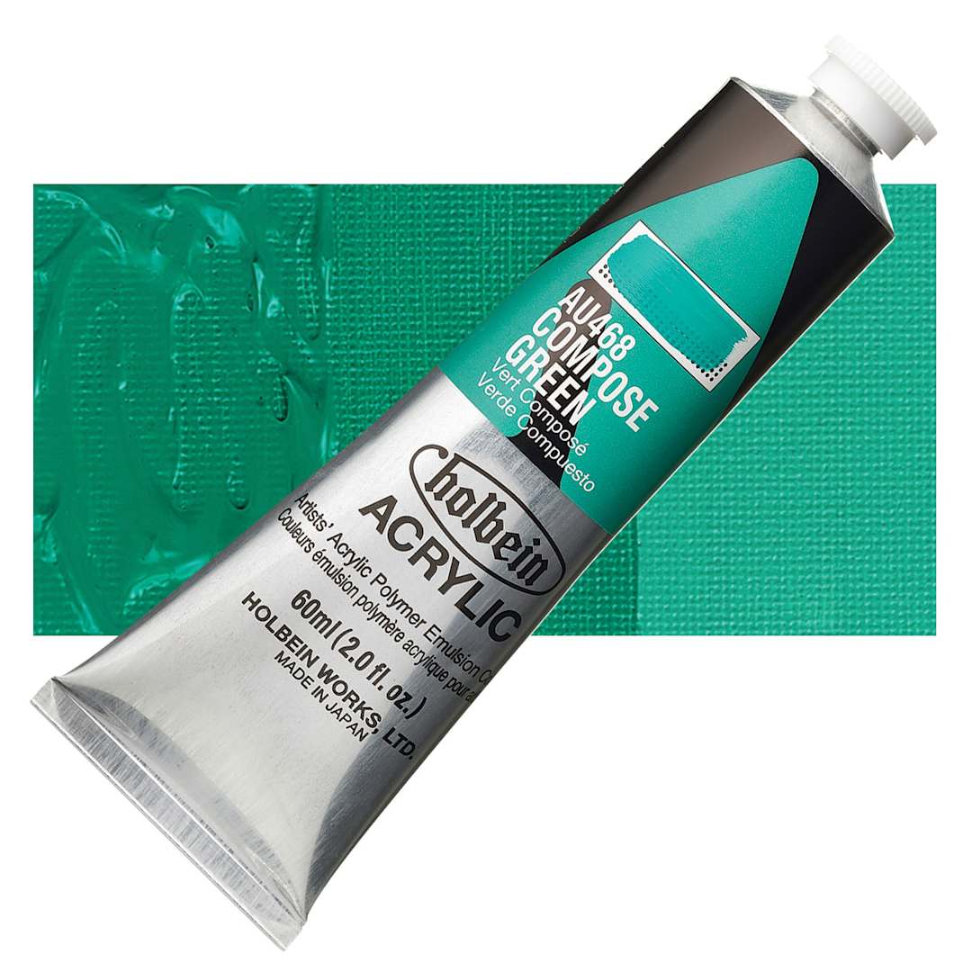 Open in modal - Holbein Heavy Body Artist Acrylic Paint - Compose Green, 60 ml tube and swatch