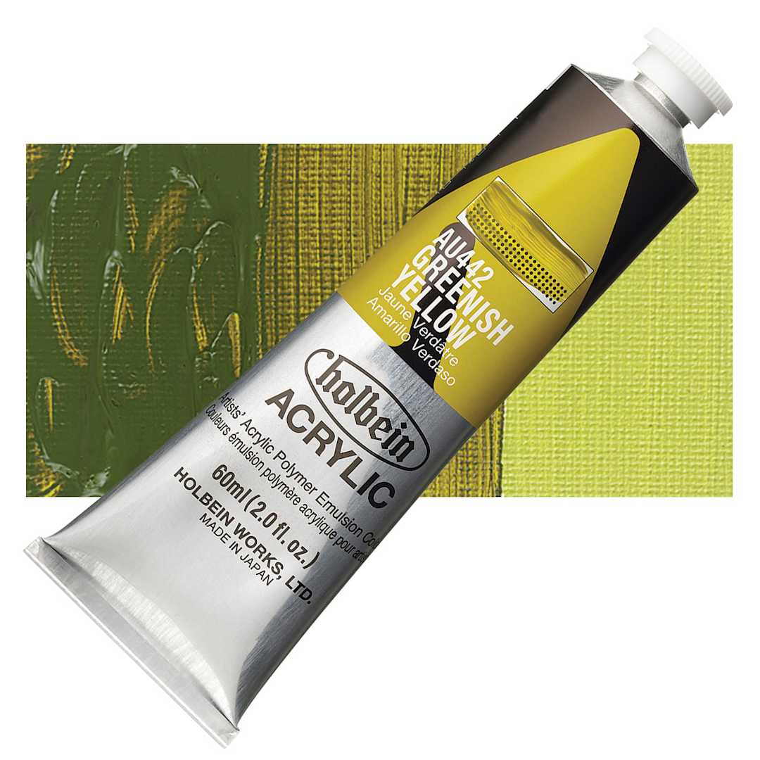 Open in modal - Holbein Heavy Body Artist Acrylic Paint - Greenish Yellow, 60 ml tube and swatch
