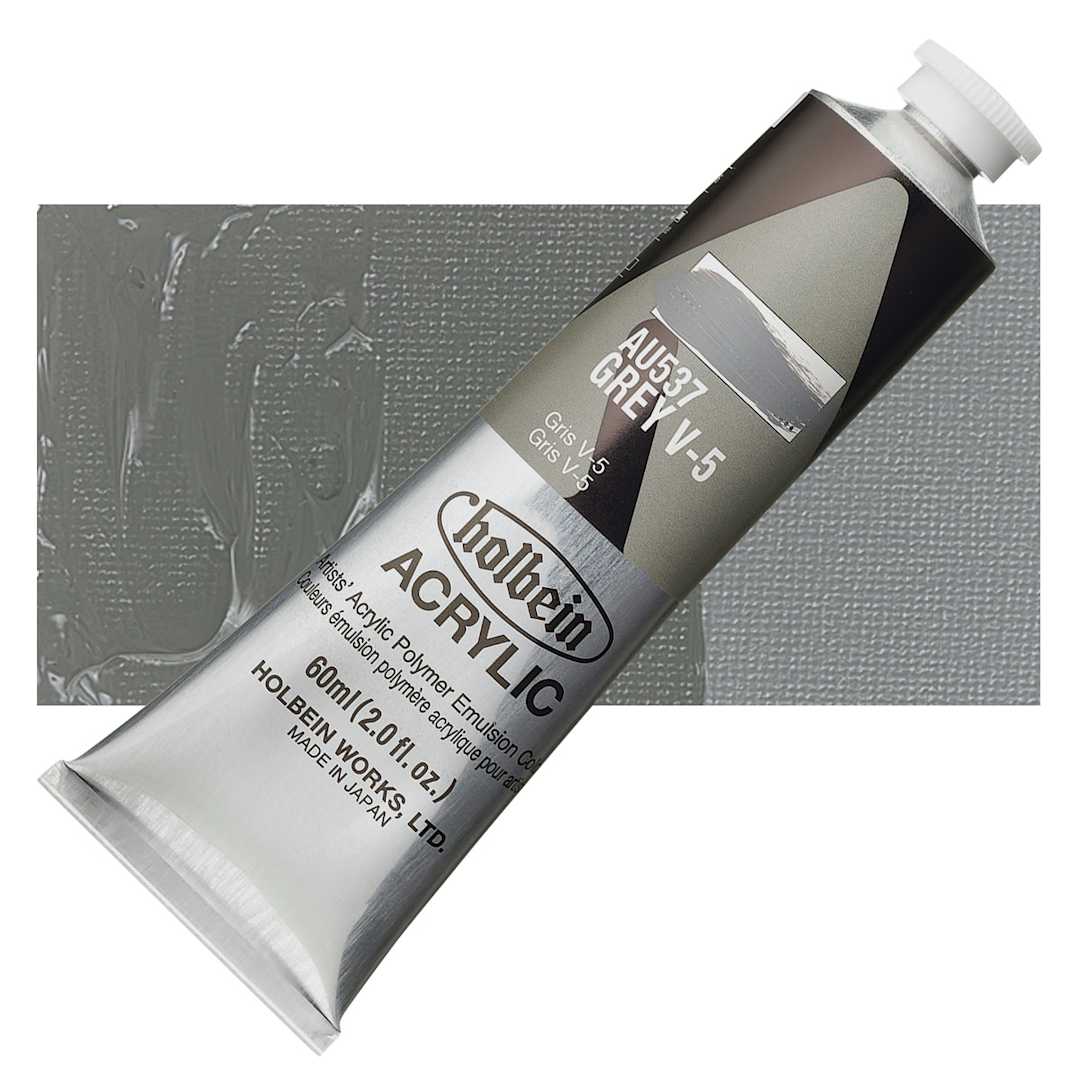 Open in modal - Holbein Heavy Body Artist Acrylic Paint - Gray V-5, 60 ml tube and swatch