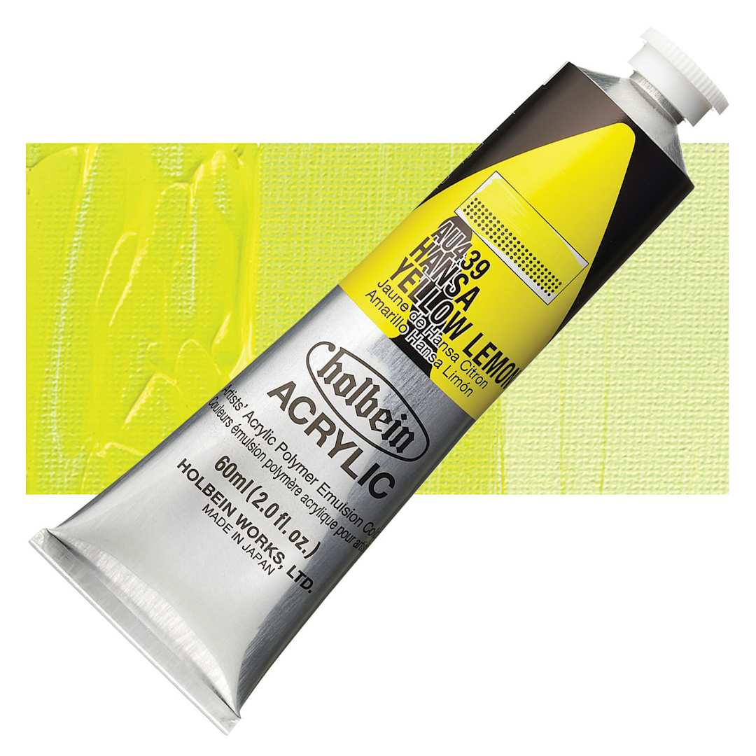 Open in modal - Holbein Heavy Body Artist Acrylic Paint - Hansa Yellow Lemon, 60 ml tube and swatch