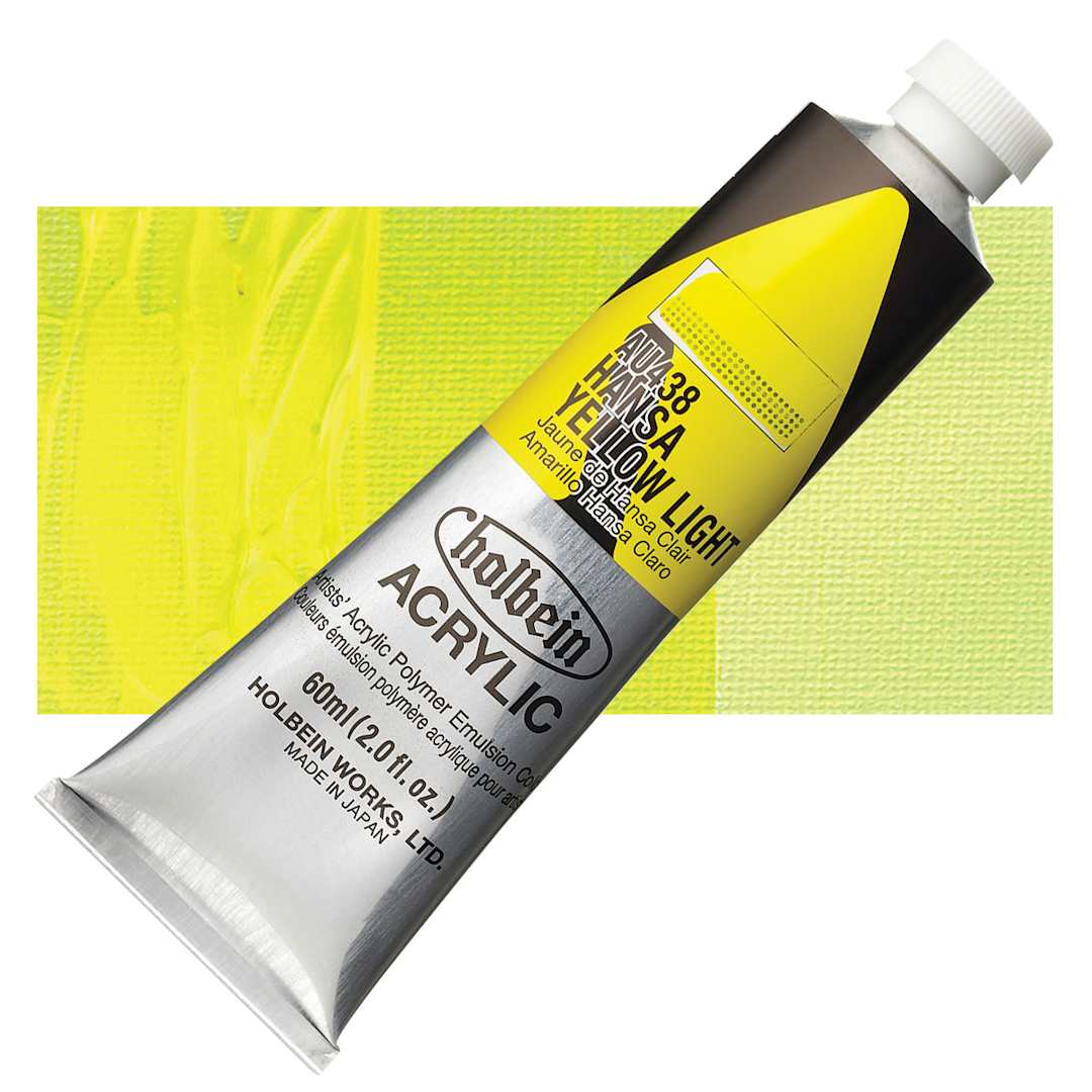 Open in modal - Holbein Heavy Body Artist Acrylic Paint - Hansa Yellow Light, 60 ml tube and swatch