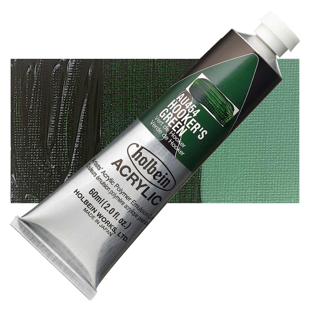 Open in modal - Holbein Heavy Body Artist Acrylic Paint - Hookers Green, 60 ml tube and swatch