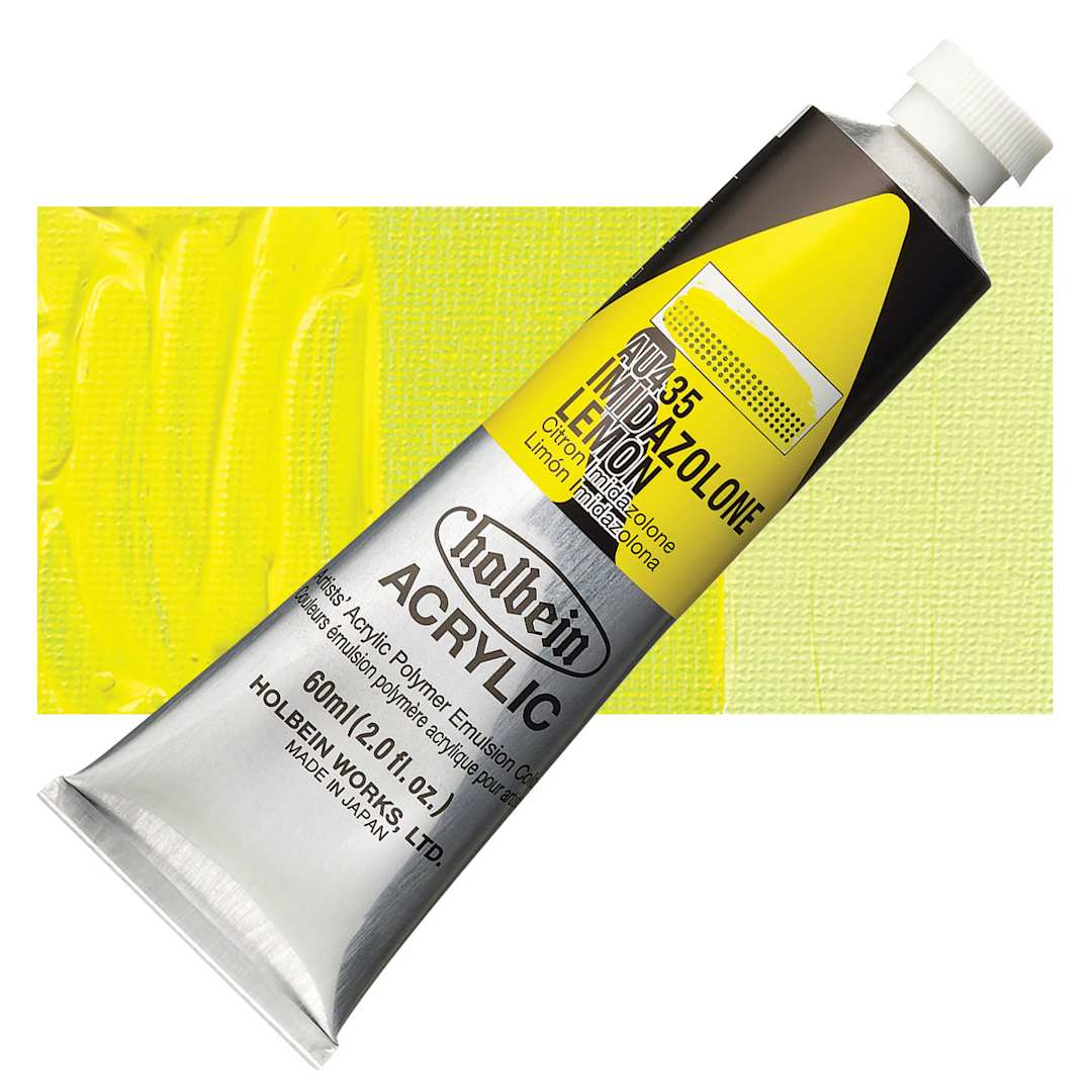 Open in modal - Holbein Heavy Body Artist Acrylic Paint - Imidazolone Lemon, 60 ml tube and swatch