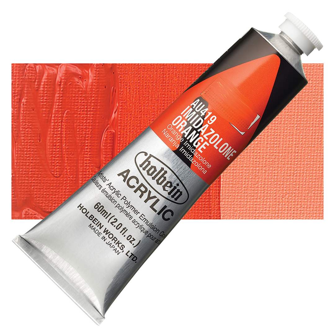 Open in modal - Holbein Heavy Body Artist Acrylic Paint - Imidazolone Orange, 60 ml tube and swatch