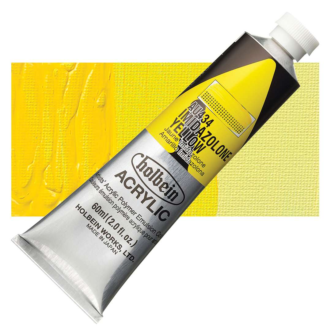 Open in modal - Holbein Heavy Body Artist Acrylic Paint - Imidazolone Yellow, 60 ml tube and swatch
