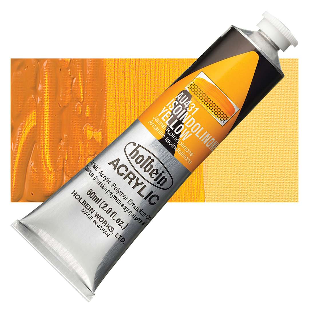 Open in modal - Holbein Heavy Body Artist Acrylic Paint - Isoindolinone Yellow, 60 ml tube and swatch