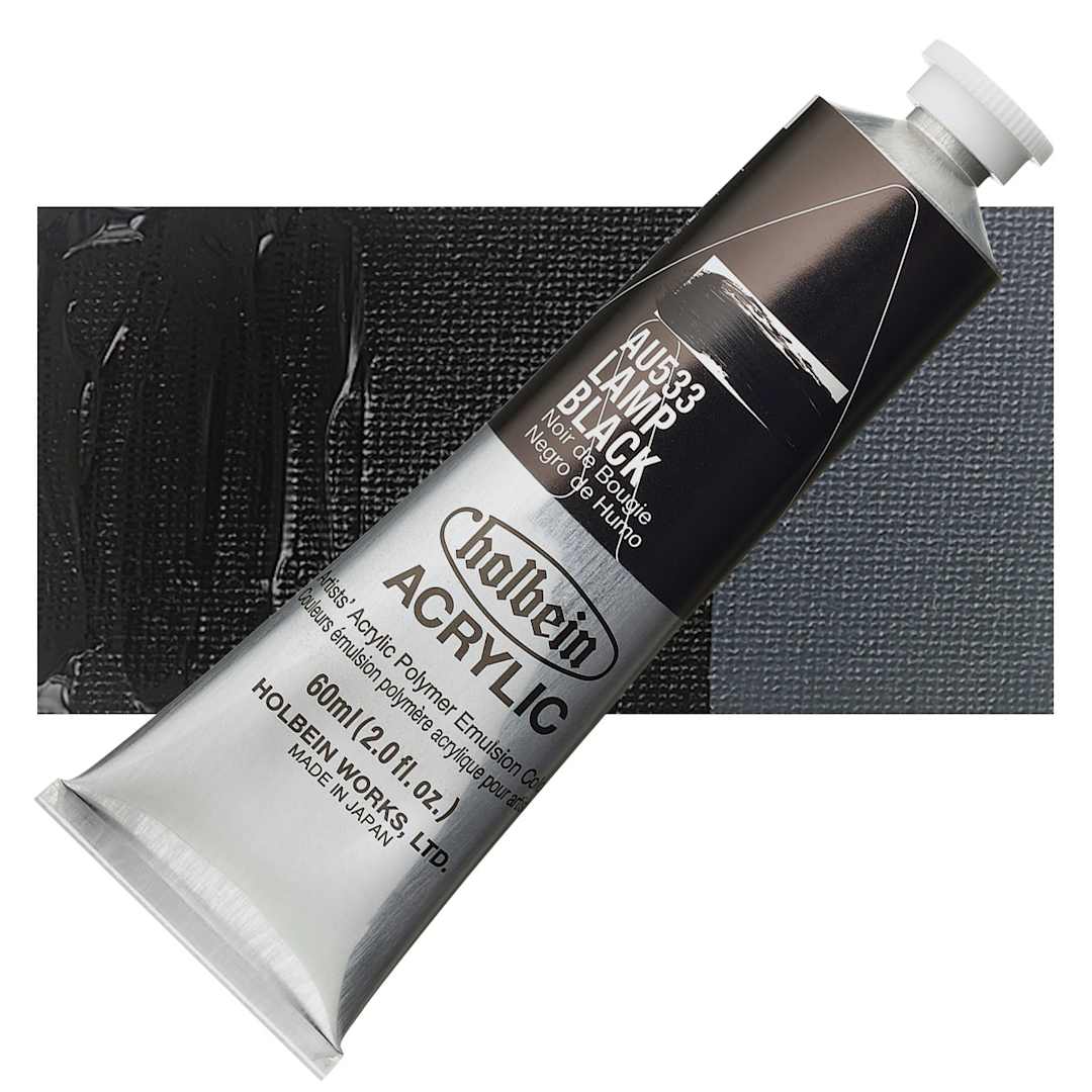 Open in modal - Holbein Heavy Body Artist Acrylic Paint - Lamp Black, 60 ml tube and swatch