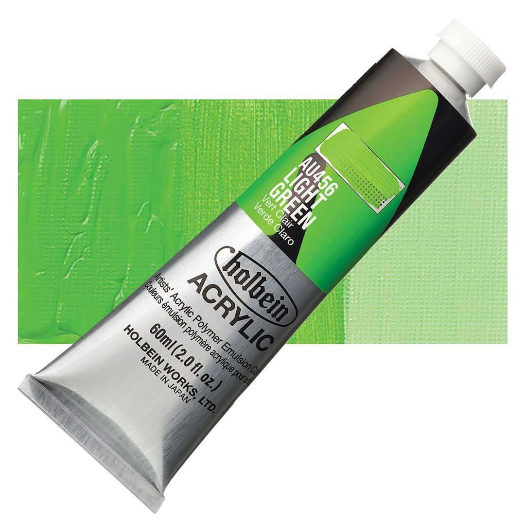 Open in modal - Holbein Heavy Body Artist Acrylic Paint - Light Green, 60 ml tube and swatch