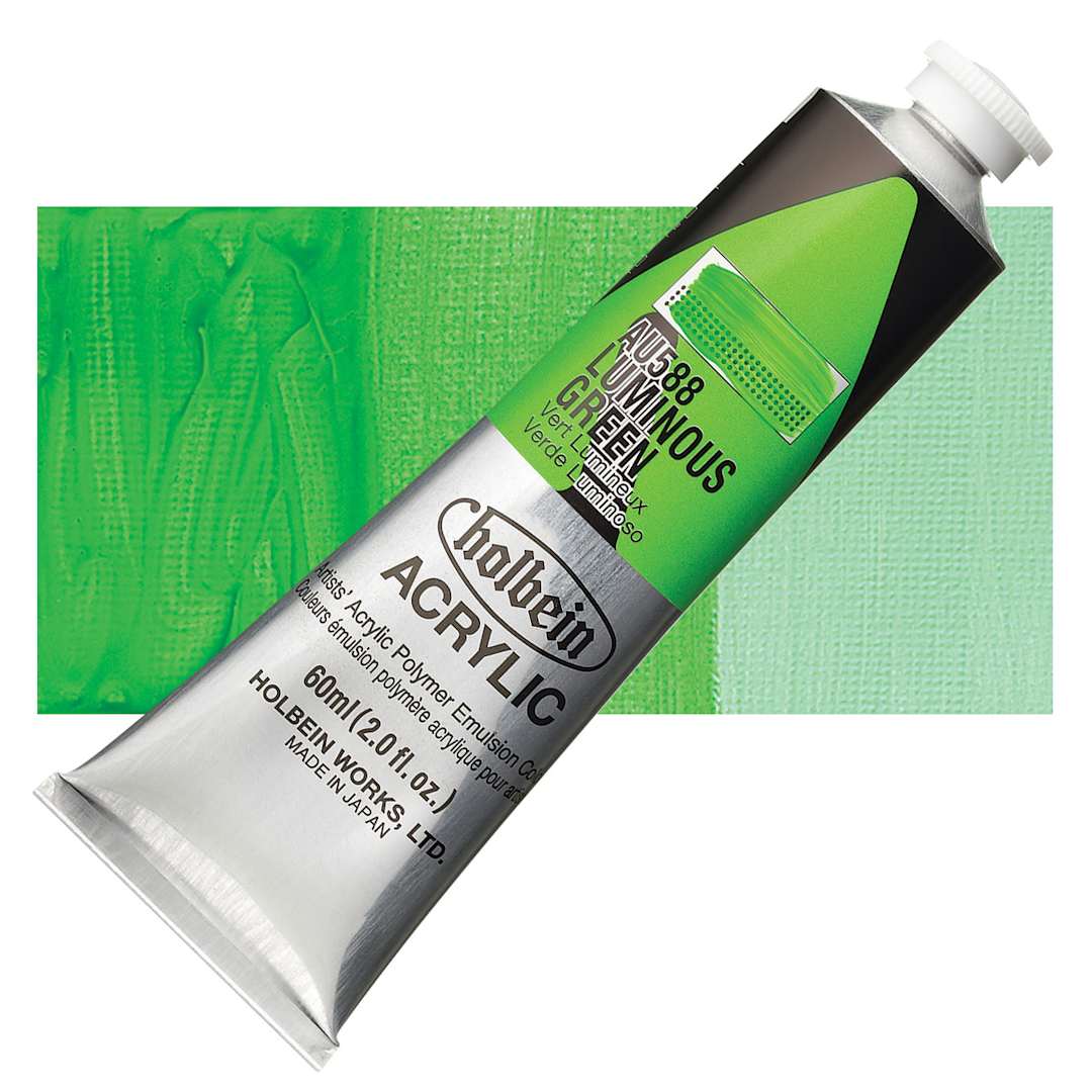Open in modal - Holbein Heavy Body Artist Acrylic Paint - Luminous Green, 60 ml tube and swatch