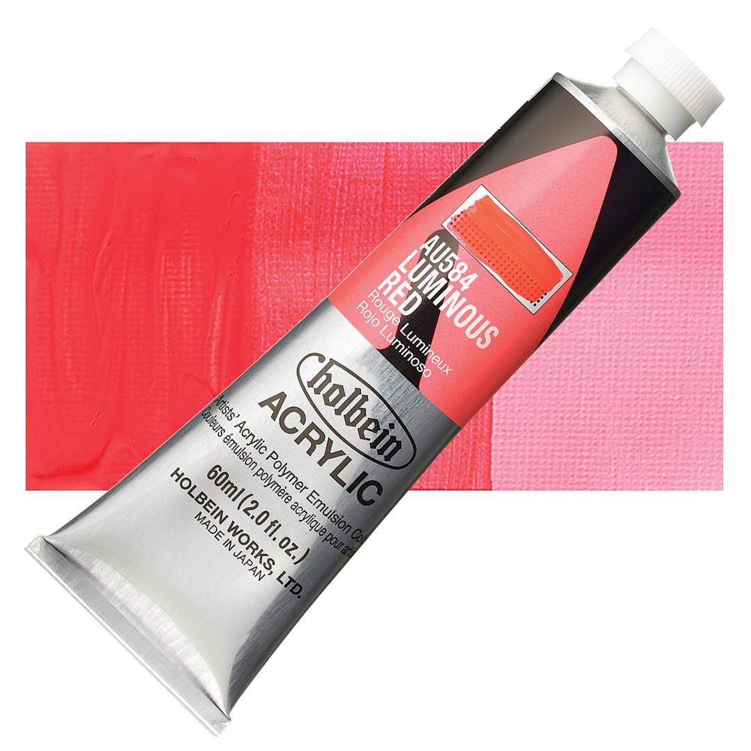 Open in modal - Holbein Heavy Body Artist Acrylic Paint - Luminous Red, 60 ml tube and swatch