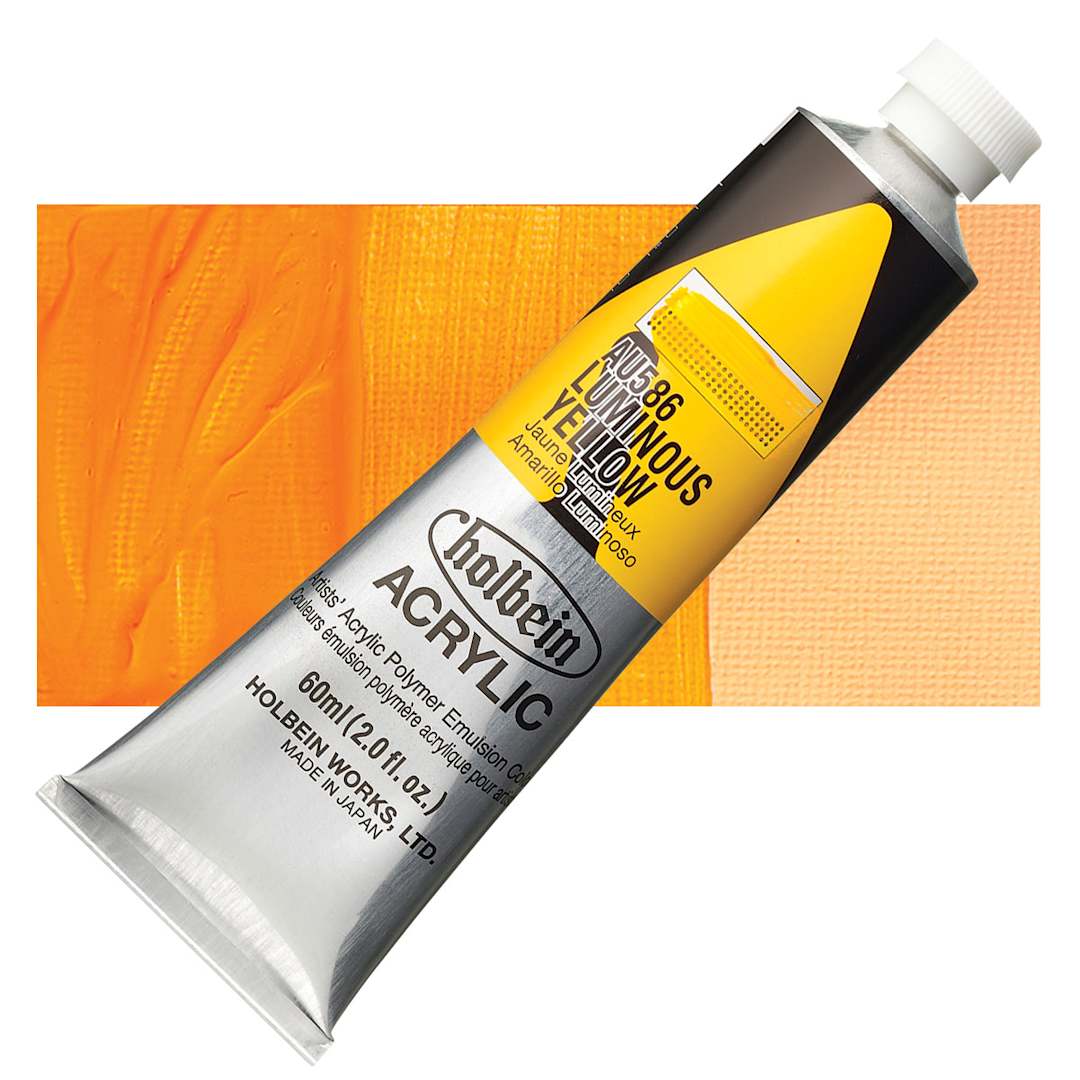 Open in modal - Holbein Heavy Body Artist Acrylic Paint - Luminous Yellow, 60 ml tube and swatch