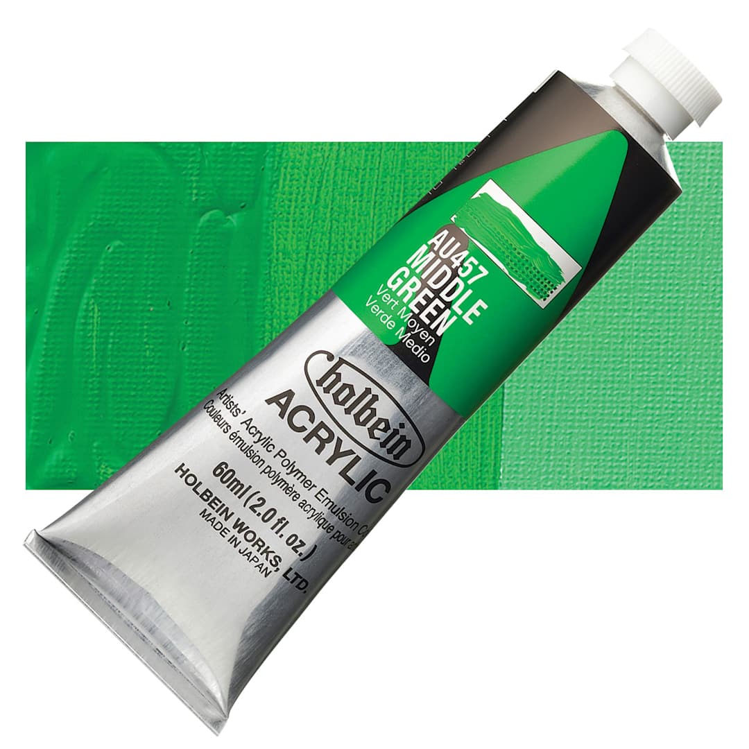 Open in modal - Holbein Heavy Body Artist Acrylic Paint - Middle Green, 60 ml tube and swatch