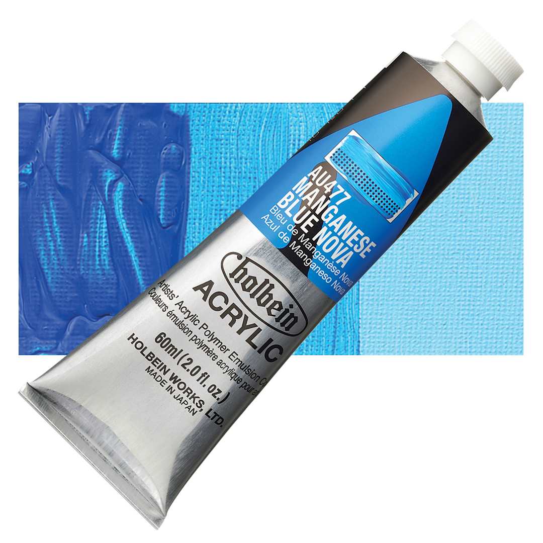 Open in modal - Holbein Heavy Body Artist Acrylic Paint - Manganese Blue Nova, 60 ml tube and swatch