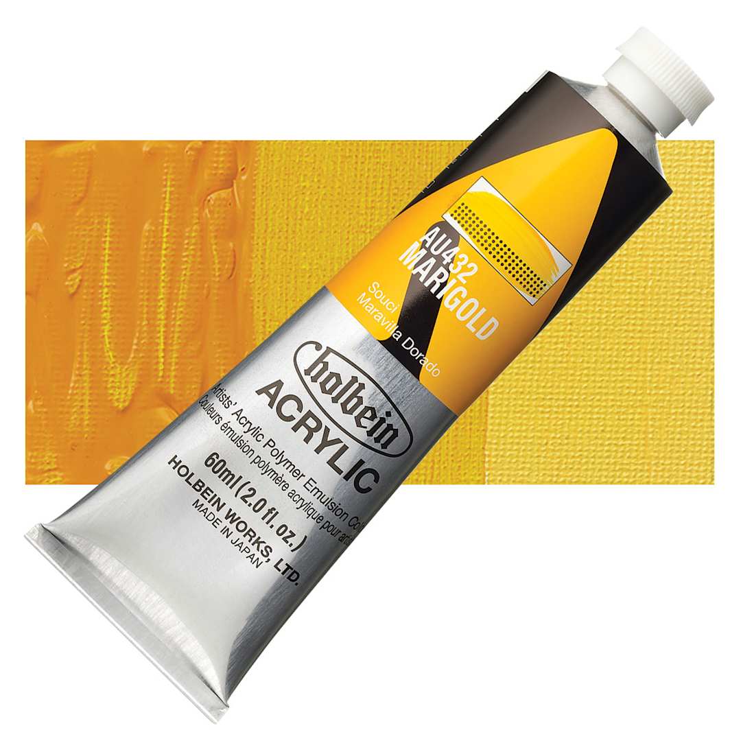 Open in modal - Holbein Heavy Body Artist Acrylic Paint - Marigold, 60 ml tube and swatch