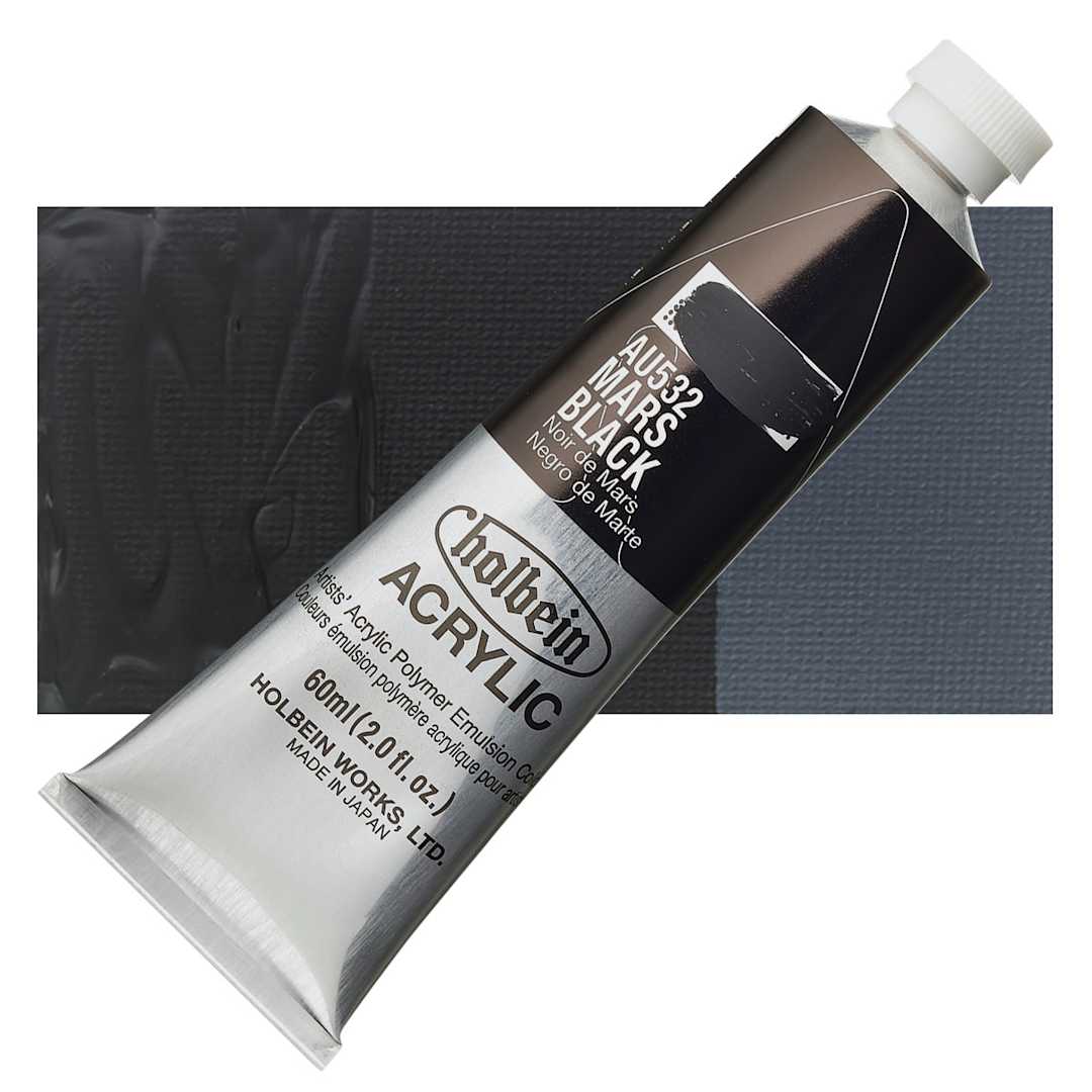 Open in modal - Holbein Heavy Body Artist Acrylic Paint - Mars Black, 60 ml tube and swatch