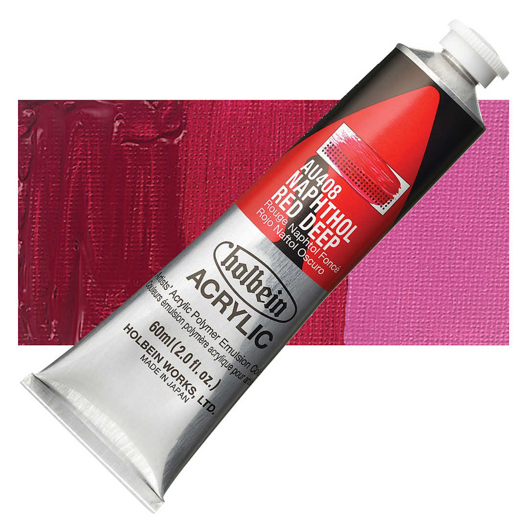 Open in modal - Holbein Heavy Body Artist Acrylic Paint - Naphthol Red Deep, 60 ml tube and swatch
