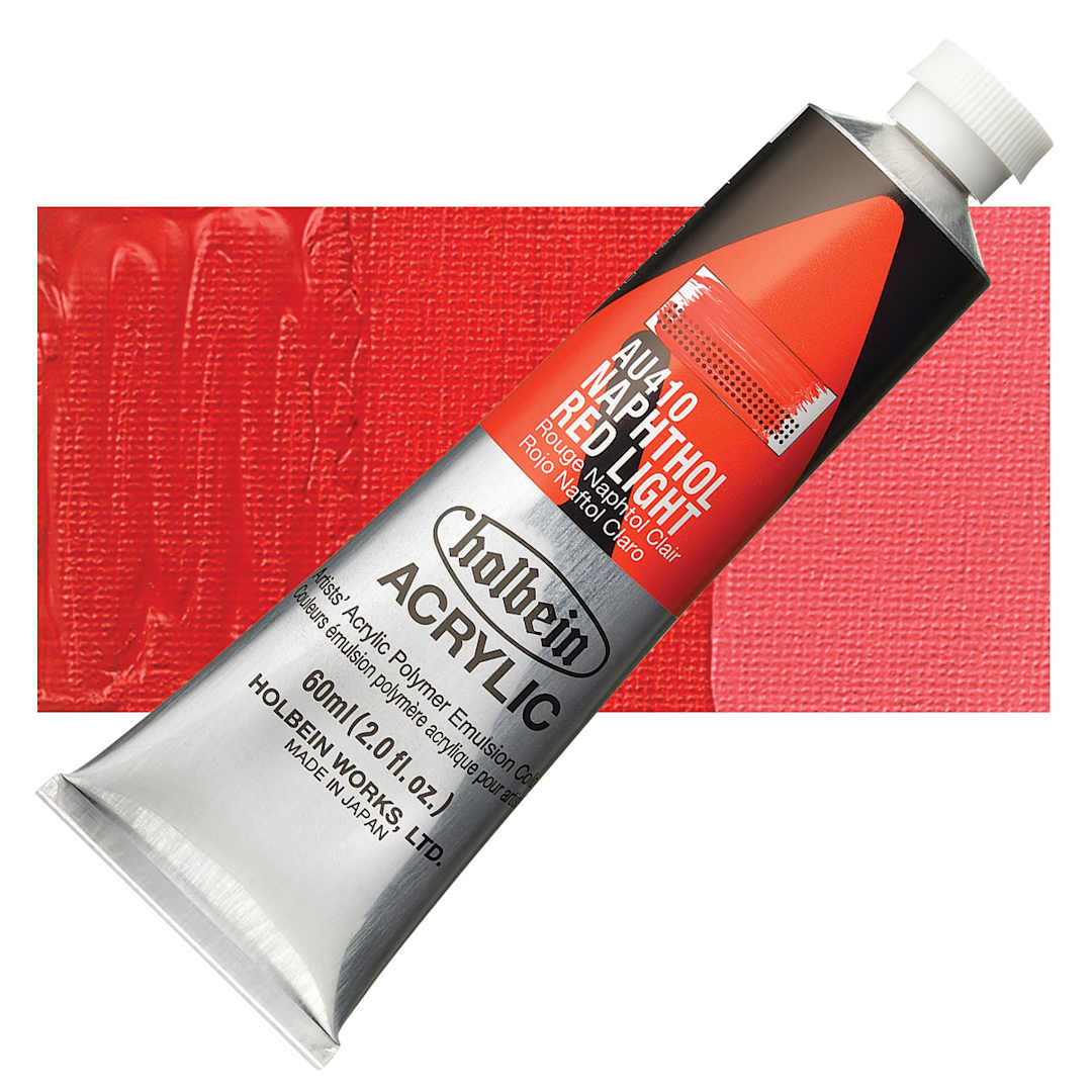 Open in modal - Holbein Heavy Body Artist Acrylic Paint - Naphthol Red Light, 60 ml tube and swatch