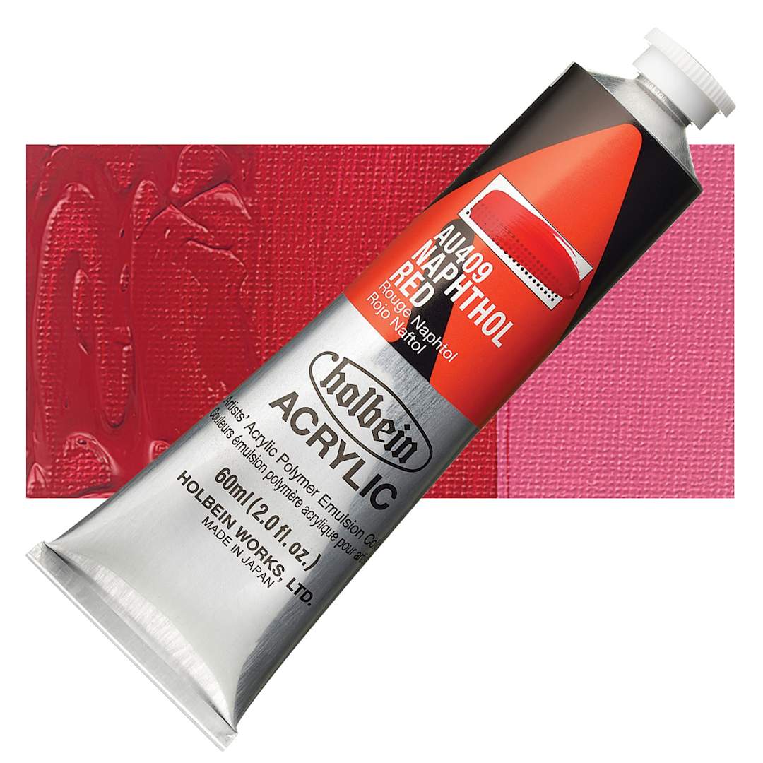 Open in modal - Holbein Heavy Body Artist Acrylic Paint - Naphthol Red, 60 ml tube and swatch